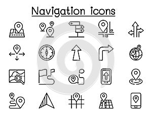 Navigation, Map, address icons in thin line style