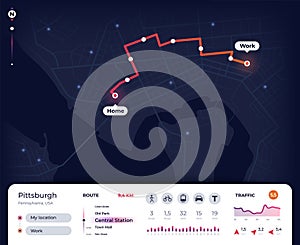 Navigation map. Gps city navigator ui with mapping route, tracking street plan. Roadmap app vector design