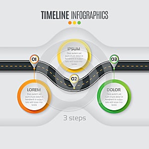 Navigation map infographic 3 steps timeline concept. Winding roa