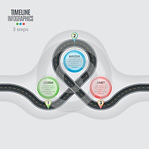 Navigation map infographic 3 steps timeline concept. Winding roa