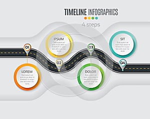 Navigation map infographic 4 steps timeline concept. Winding roa