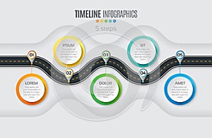 Navigation map infographic 5 steps timeline concept. Winding roa