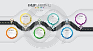 Navigation map infographic 6 steps timeline concept. Winding roa