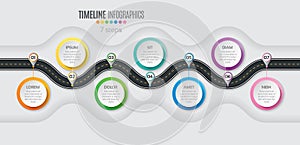 Navigation map infographic 7 steps timeline concept. Winding roa