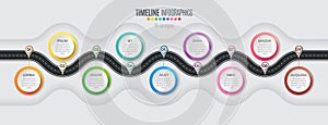 Navigation map infographic 9 steps timeline concept. Winding roa