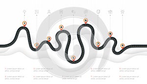 Navigation map infographic 9 steps timeline concept. Winding roa