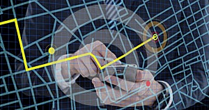 Navigation map line scheme against mid section of businessman using a smartphone