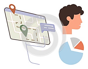 Navigation Map, User Profile, and Data Chart for Location and Analytics Concepts
