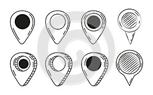 Navigation markers, pinpoints, tag in hand drawn style. Doodle pin symbol, location sign collection