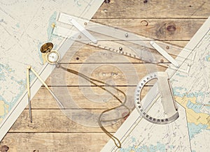 Navigation still-life. Skippers equipment and a map