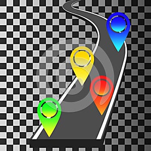 Navigation template with colored pin pointers and winding road