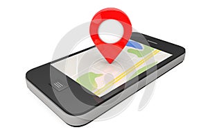 Navigation via Smartphone. Location Pointer on Phone with Map. 3