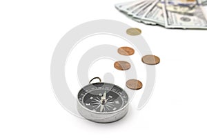 Navigational compass points to us money