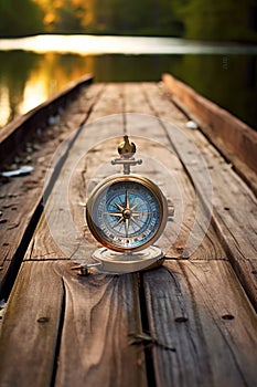 navigational compass on a wooden boat deck