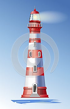 Navigational lighthouse against the blue sky. Vector illustration