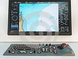 Navigational panel on a boat. Ð¡oastline map on a screen of a navigator
