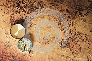 Navigator explore journey with compass and world map., Travel destination and planning vacation trip., Vintage concept