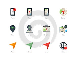 Navigator and GPS color icons on white background