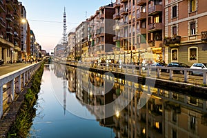 Naviglio Grande canal in the evening, Milan, Italy photo