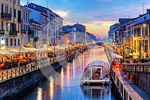 Naviglio Grande canal in Milan, Italy, on sunset photo