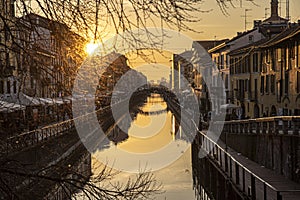 Naviglio Grande canal at sunset in Milan, Italy