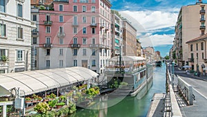 The Naviglio Grande canal waterway timelapse in Milan, Italy.