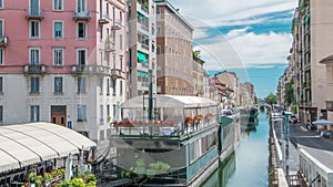 The Naviglio Grande canal waterway timelapse in Milan, Italy.