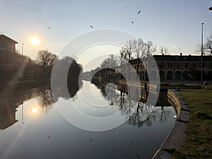 Naviglio river during daytime in Pavia, Italy