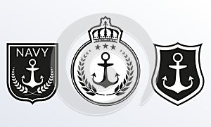 Navy badges set. Marine Patches logo collection. Nautical emblems with Shield and Anchor. Vector illustration