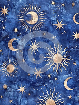 A navy blue background with gold stars, moons and suns. AI generative