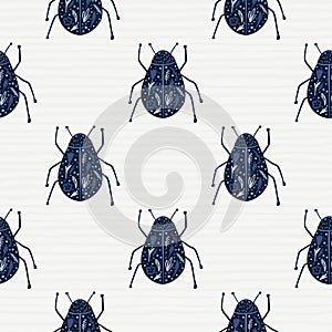 Navy blue bugs silhouettes seamless pattern. Light stripped bakground. Exotic print with insects elements