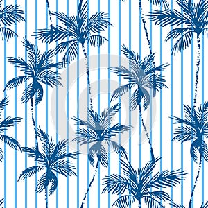 Navy blue coconut palm trees on striped background. Seamless tropical pattern