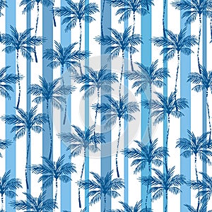 Navy blue coconut palm trees on striped background. Seamless tropical pattern