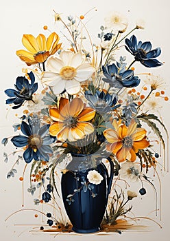 Navy Blue Daisies: A Stunning Colored Pencil Illustration of Med