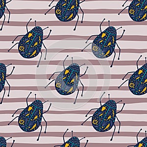 Navy blue folk bugs elements seamless pattern. Hand drawn insects on purple stripped background. Wildlife sketch