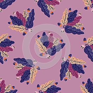 Navy blue and purple colored leaves seamless pattern. Pastel lilac background