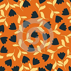 Navy blue random simple flowers tulip ornament seamless pattern. Bright orange background. Creative print