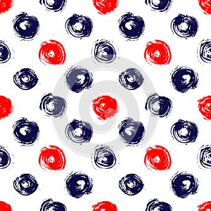 Navy blue red and white grunge circle brush strokes geometric seamless pattern, vector