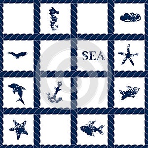 Navy blue rope lattice on white geometric seamless pattern with grunge sea symbols - fishes, dolphin, anchor, starfish, vector