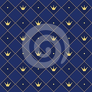 Navy blue seamless pattern in retro style with a gold crown. Can be used for premium royal party.