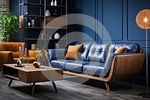 Navy blue sofa in studio apartment. Scandinavian home interior design of modern living room and kitchen. AI generate