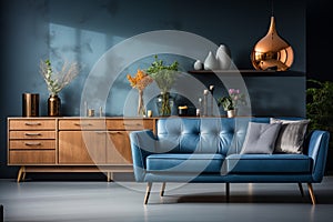 Navy blue sofa in studio apartment. Scandinavian home interior design of modern living room and kitchen. AI generate