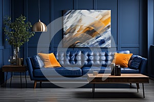 Navy blue sofa in studio apartment. Scandinavian home interior design of modern living room and kitchen. AI generate