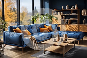 Navy blue sofa in studio apartment. Scandinavian home interior design of modern living room and kitchen. AI generate