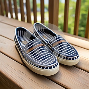 Navy Blue Striped Casual Loafers: Stylish Women\'s Footwear For A Relaxed Look