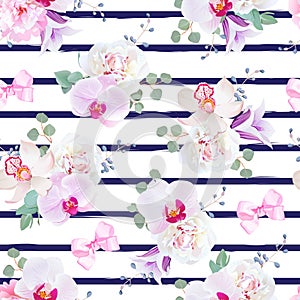 Navy blue striped seamless vector print in purple, pink and white tones with bows