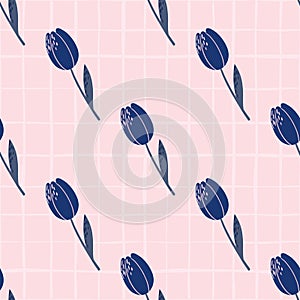 Navy blue tulip silhouettes seamless pattern. Hand drawn floral ornament on pink chequered background