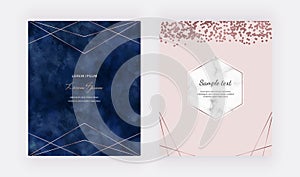 Navy blue watercolor background with rose gold confetti and geometric polygonal lines frames. Modern vector design for wedding inv