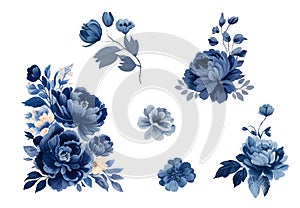 Navy blue watercolor flowers set. Wedding concept. Vector design elements for greeting card or invitation designVintage