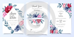 Navy blue wedding invitation card template set with floral frame and decoration. Elegant flowers save the date, invitation,